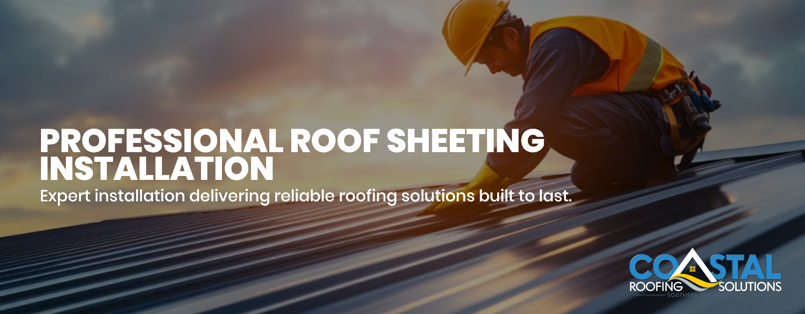 Professional roofing contractor installing roof sheeting using safety equipment during a commercial roofing project.